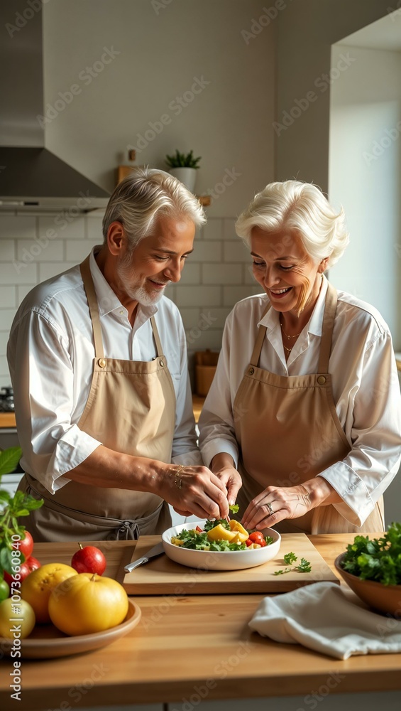 Happy senior couple cooking healthy salad together in the kitchen of their modern studio apartment, vertical Happy senior couple cooking healthy salad together in the kitchen of their modern studio apartment, vertical
