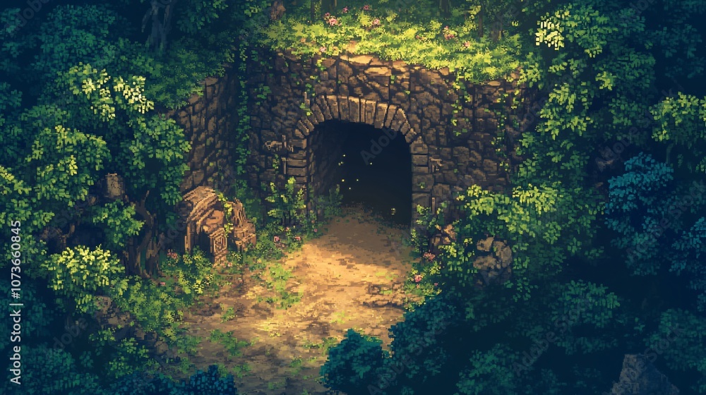Fototapeta premium A stone archway entrance to a dark tunnel in a lush green forest.
