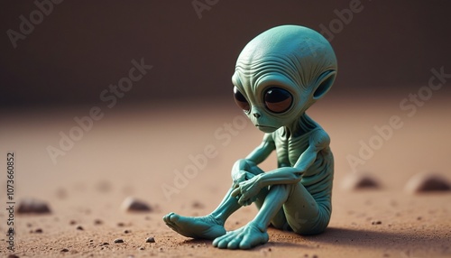 A tiny alien sitting by itself, looking down at its hands in quiet sorrow, Generative AI