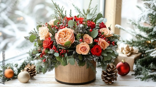 Festive floral arrangement in a box with Christmas decor.