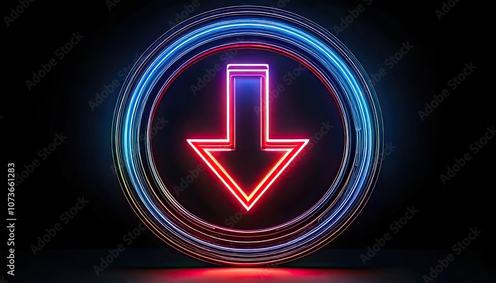 An illuminated neon arrow pointing downward within a circular, reflecting frame. An illuminated neon arrow pointing downward within a circular, reflecting frame.