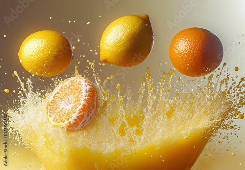 Fresh Citrus Fruits Splashing in Juice photo