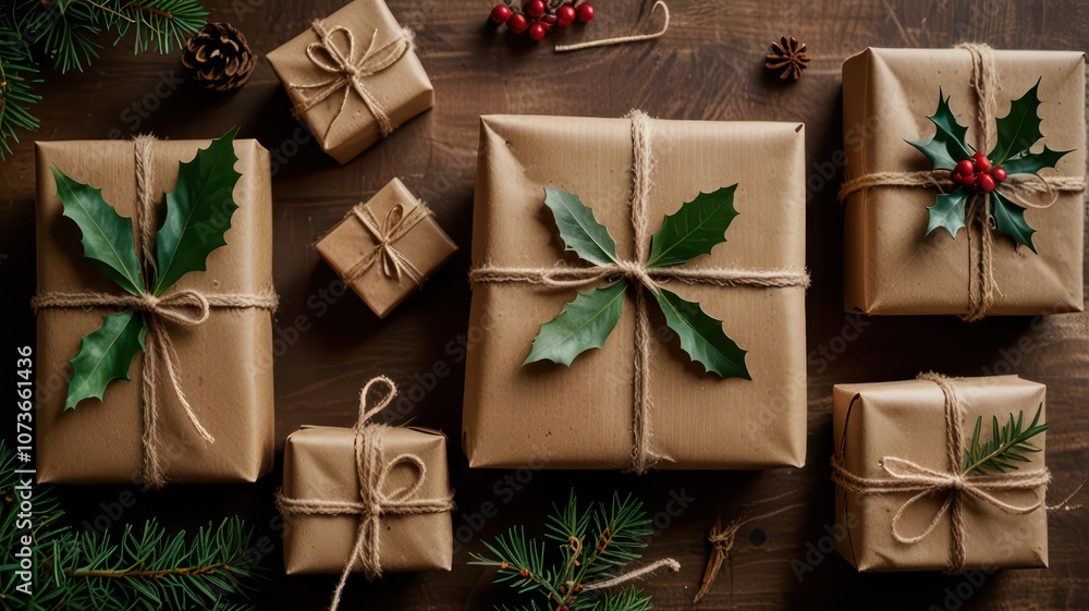 Rustic Christmas gift wrapped in brown paper with pine cone and greenery on wooden background. Perfect for eco-friendly holiday packaging or seasonal gift giving Rustic Christmas gift wrapped in brown paper with pine cone and greenery on wooden background. Perfect for eco-friendly holiday packaging or seasonal gift giving