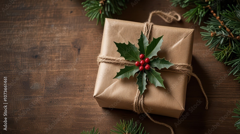 Rustic Christmas gift wrapped in brown paper with pine cone and greenery on wooden background. Perfect for eco-friendly holiday packaging or seasonal gift giving Rustic Christmas gift wrapped in brown paper with pine cone and greenery on wooden background. Perfect for eco-friendly holiday packaging or seasonal gift giving