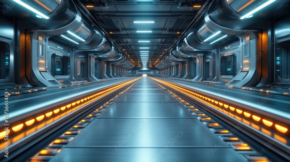Fototapeta premium Futuristic corridor with glowing lights and sleek metallic surfaces.