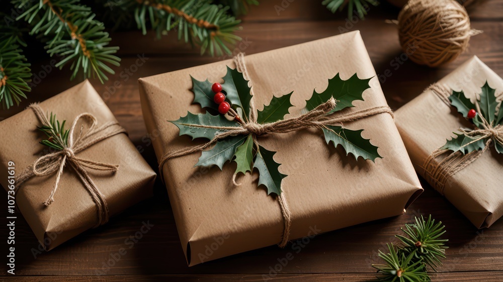 Rustic Christmas gift wrapped in brown paper with pine cone and greenery on wooden background. Perfect for eco-friendly holiday packaging or seasonal gift giving Rustic Christmas gift wrapped in brown paper with pine cone and greenery on wooden background. Perfect for eco-friendly holiday packaging or seasonal gift giving