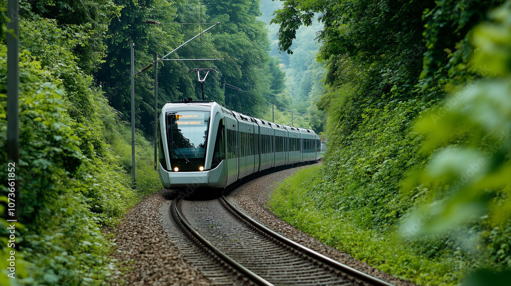 Fototapeta premium Train Traveling Alongside a Forested Path in Scenic Countryside
