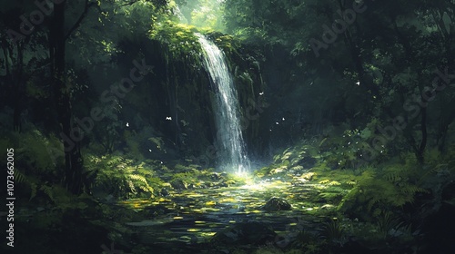 A cascading waterfall flows through a lush, green forest, with sunlight filtering through the canopy and illuminating the water.