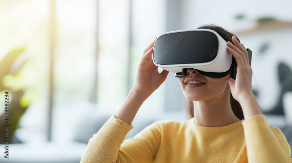 Person Adjusting the VR Glasses on Their Face, capturing the moment of immersion with a soft blurred background Person Adjusting the VR Glasses on Their Face, capturing the moment of immersion with a soft blurred background