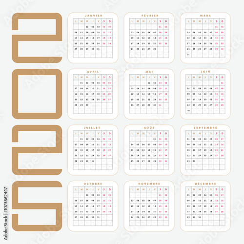 Calendrier Français 2025, Design Vectoriel Créatif
