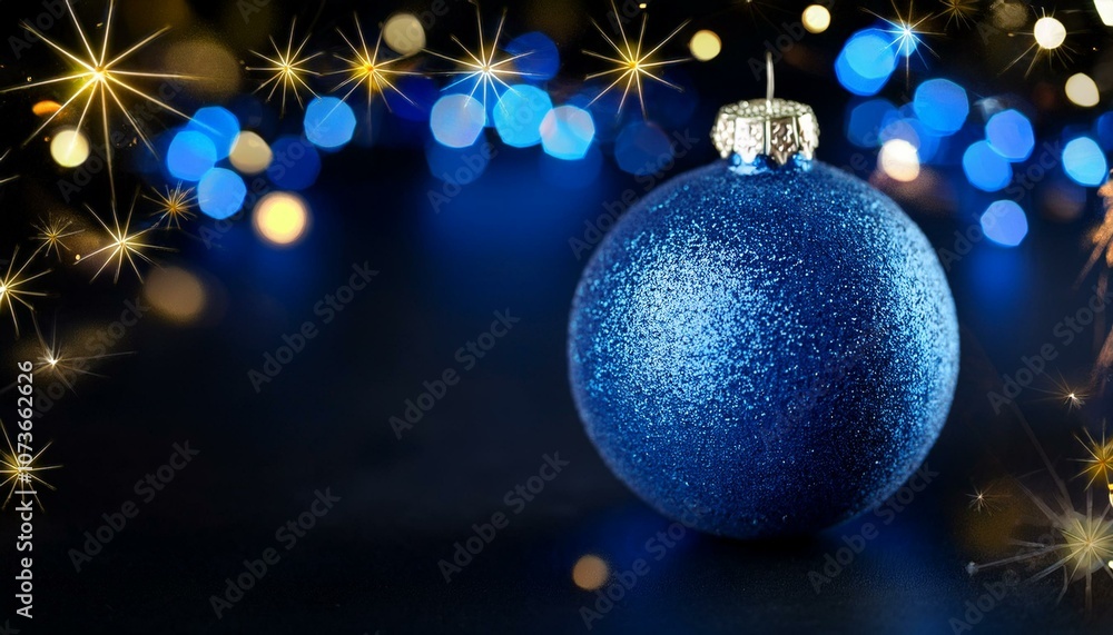 Blue Christmas ornament with sparkling lights on dark background Blue Christmas ornament with sparkling lights on dark background