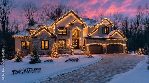 A large, luxurious house decorated with Christmas lights and covered in snow, glowing with warmth in the twilight.