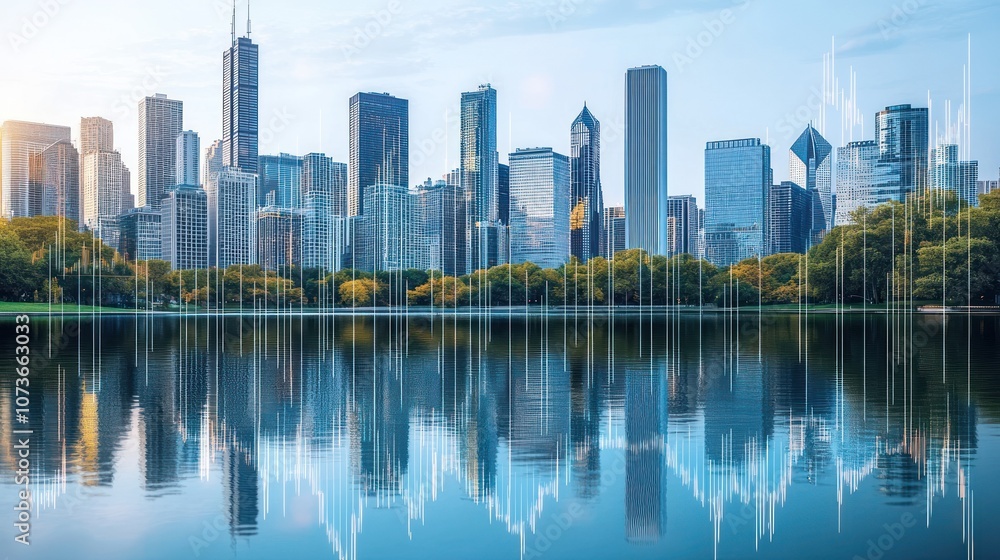 Fototapeta premium Cityscape with Reflections and Sound Waves