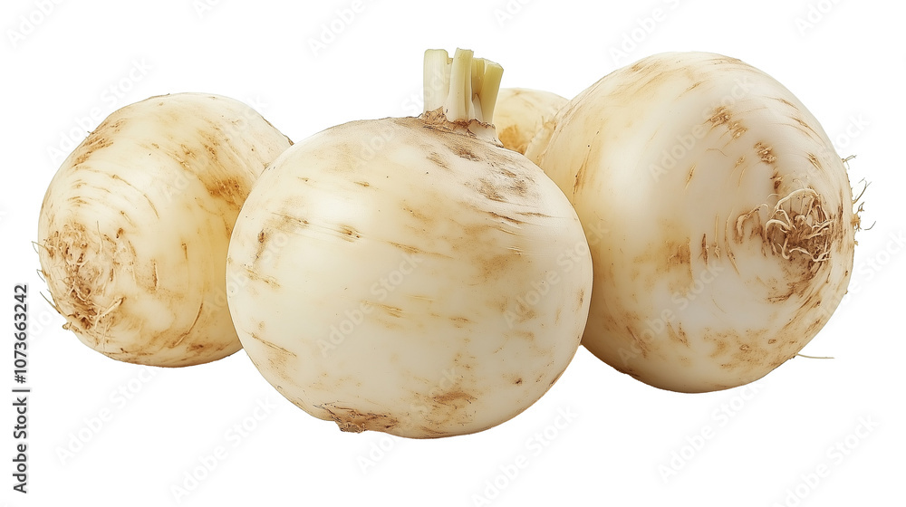 Four fresh rutabagas with earthy textures are isolated on white background, showcasing their natural appearance and organic roots Four fresh rutabagas with earthy textures are isolated on white background, showcasing their natural appearance and organic roots