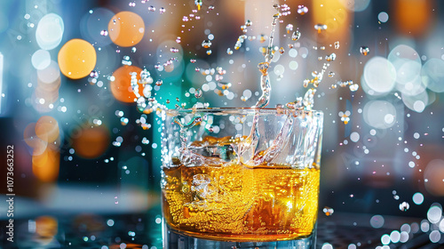 A Glass of Whiskey Splashes as Ice Cubes Drop Into It, Creating Ripples and Droplets Against a Blurred Background of Colorful Lights at a Bar in the Evening