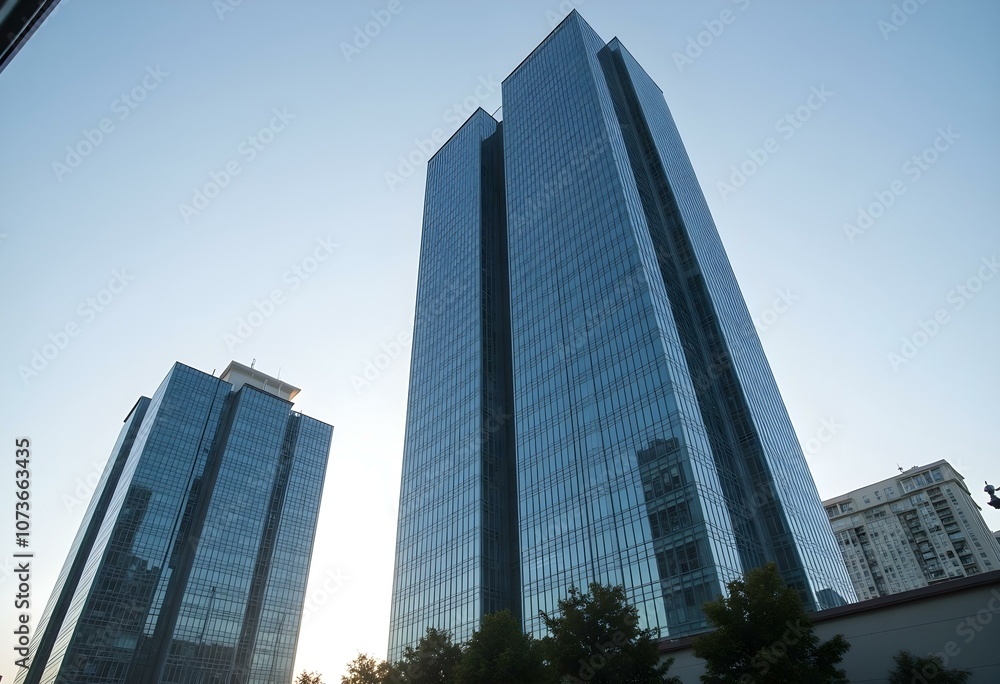 Modern office building in the city, tall skyscraper with glass facade and abstract architecture. Business and commercial center, finance and corporate design. Vertical view, urban Modern office building in the city, tall skyscraper with glass facade and abstract architecture. Business and commercial center, finance and corporate design. Vertical view, urban