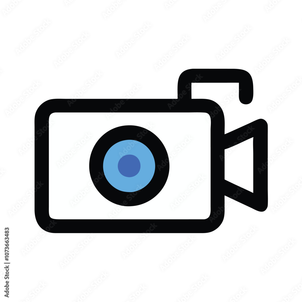 Video camera icon in simple outline style, Minimalistic vector icon of a video camera with a lens and side viewfinder, designed with a black outline and blue details.
Video camera icon in simple outline style, Minimalistic vector icon of a video camera with a lens and side viewfinder, designed with a black outline and blue details.