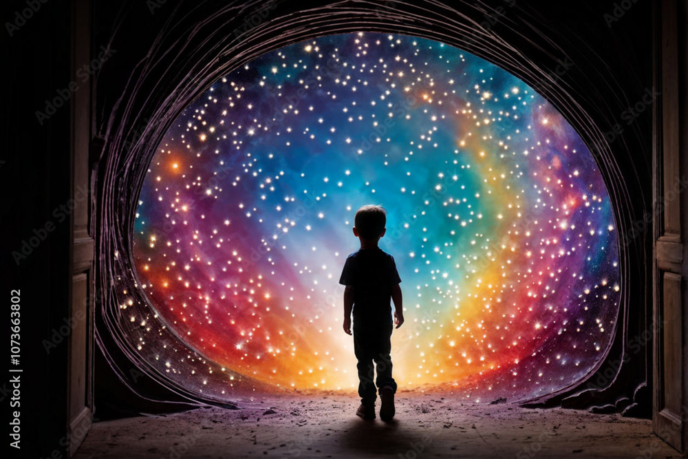 Whimsical Silhouette of a Child Emerging Through a Colorful, Ethereal Portal Whimsical Silhouette of a Child Emerging Through a Colorful, Ethereal Portal