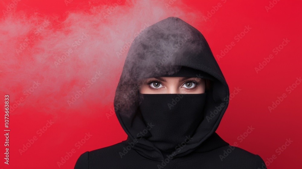Mysterious woman in black hoodie creates enigmatic atmosphere with smoke against vibrant red background Mysterious woman in black hoodie creates enigmatic atmosphere with smoke against vibrant red background