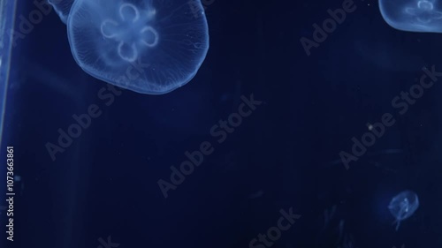 A close-up view of a moon jellyfish Aurelia labiata illuminated against a dark background, highlighting its intricate patterns and ethereal glow. The jellyfish appears delicate and surreal in the deep photo