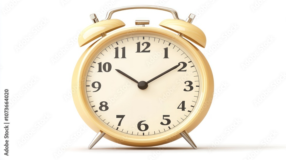 A classic yellow alarm clock with black hands and numerals, isolated on a white background. A classic yellow alarm clock with black hands and numerals, isolated on a white background.