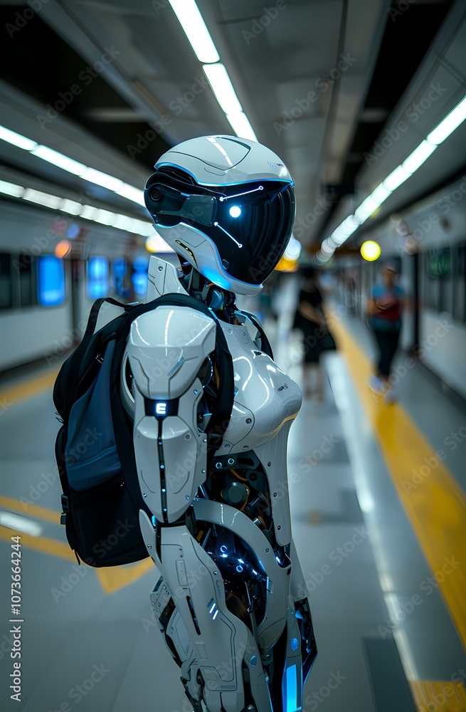 AI-Generated image of A robot with a backpack is standing in a subway station. The robot is wearing a backpack and has a blue strap AI-Generated image of A robot with a backpack is standing in a subway station. The robot is wearing a backpack and has a blue strap