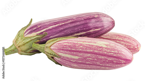 Wallpaper Mural Three striped eggplants with vibrant purple and white patterns are isolated on white background, showcasing their unique texture and fresh appearance Torontodigital.ca