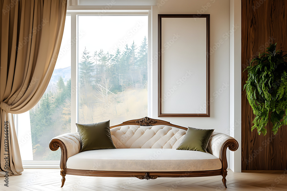 Fototapeta premium Stylish home living room interior with sofa and window. Mockup frame