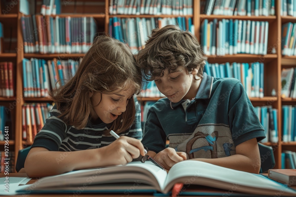 Two Children Studying Together in a Library Two Children Studying Together in a Library