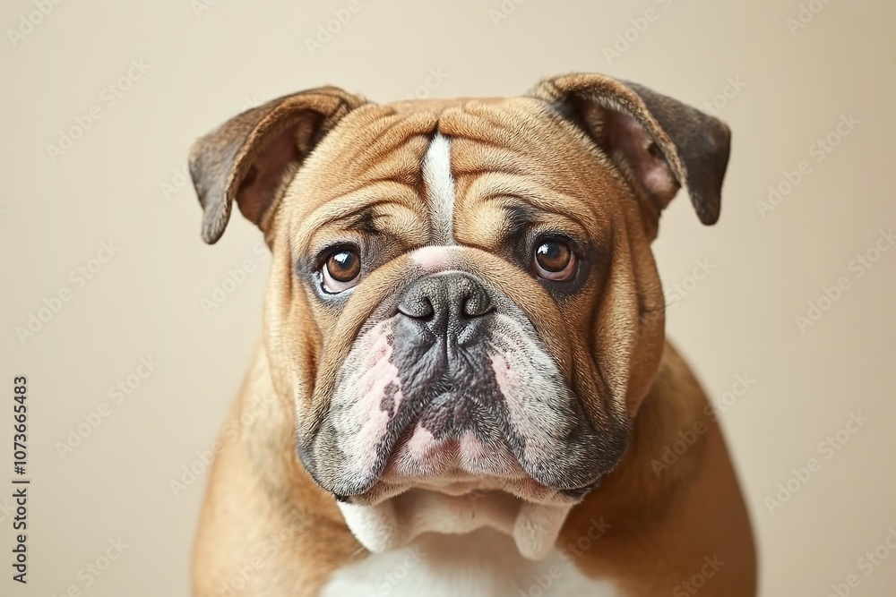 Close-up of bulldog with expressive eyes on beige Close-up of bulldog with expressive eyes on beige