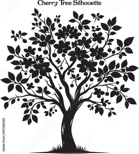 cherry blossom tree silhouette illustration. A graceful cherry tree silhouette, its branches softly outlined against a glowing, pastel sky.