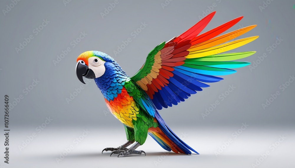Fototapeta premium A glass parrot with wooden wings in rainbow colors, against a simple backdrop, Generative AI
