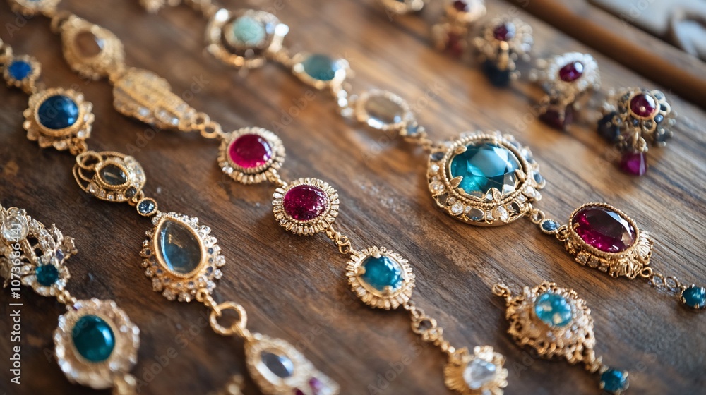 A close-up of a selection of colorful gemstone bracelets on a wooden surface.