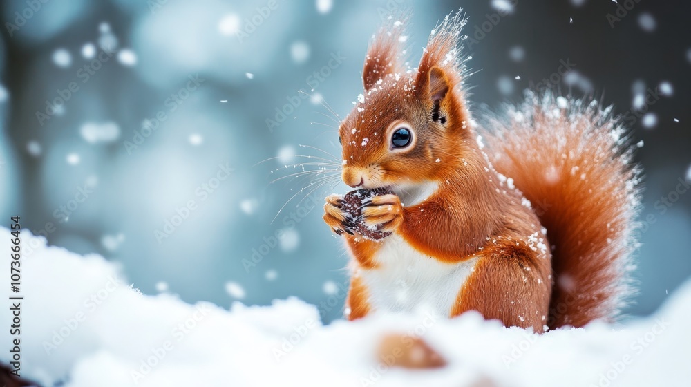 Red squirrel holding a nut in a snowy forest Red squirrel holding a nut in a snowy forest
