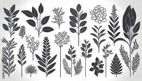  Set of monochrome vector plant silhouettes featuring various plants, flowers, herbs, and sh_1(657)