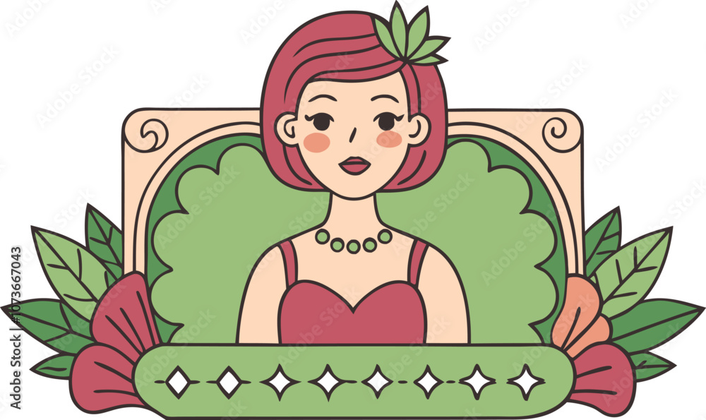 Retro style portrait of a woman with floral elements and decorative frame