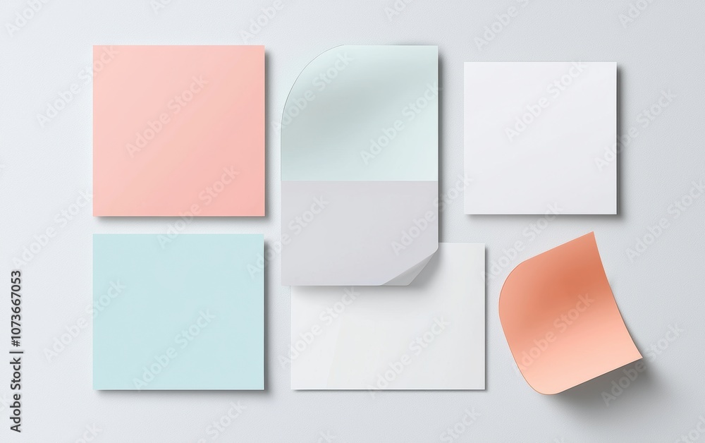 Collection of colorful sticky notes and memo papers with tape, various styles on a light gray background, minimal and playful design Collection of colorful sticky notes and memo papers with tape, various styles on a light gray background, minimal and playful design
