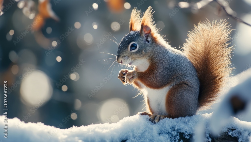 Red squirrel holding a nut with snowflakes Red squirrel holding a nut with snowflakes