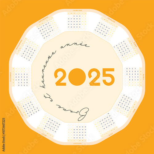 Calendrier 2025 orange, Design Vectoriel de calendrier Français nouvelle année 2025