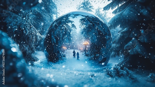 A Snow Globe Depicting a Snowy Forest Landscape with People

 photo