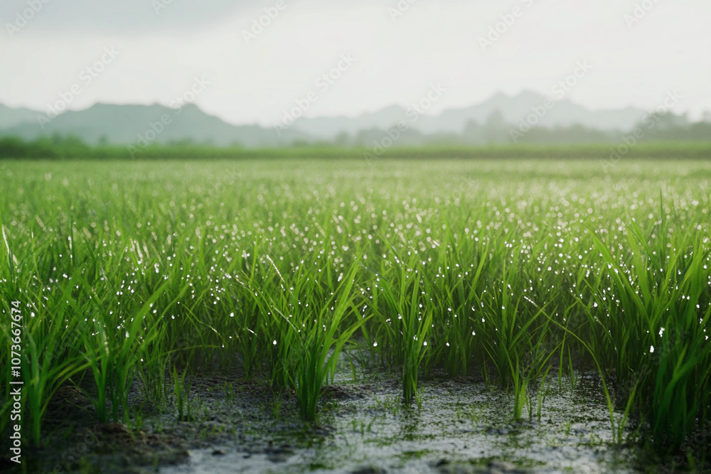 Obraz premium Dew-covered rice paddy field with mountains in the background at sunrise.