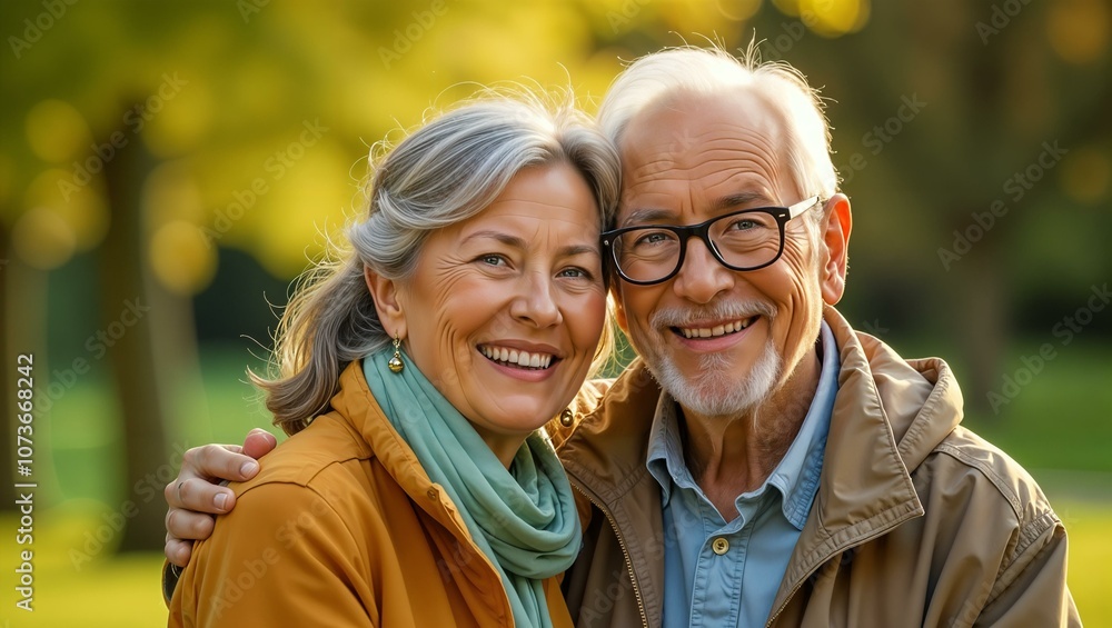 Portrait of beautiful happy senior couple posing in the park Portrait of beautiful happy senior couple posing in the park
