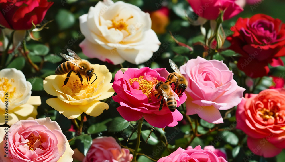 Bees pollinate vibrant roses in a colorful garden scene filled with nature's beauty Bees pollinate vibrant roses in a colorful garden scene filled with nature's beauty