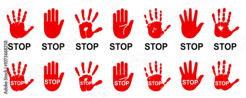 Stop red sign icon set with hand print, do not enter. Warning stop sign