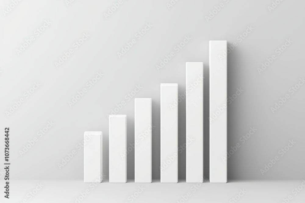 Simple 3D bar chart with white rectangular bars in increasing height, representing progress and success Simple 3D bar chart with white rectangular bars in increasing height, representing progress and success