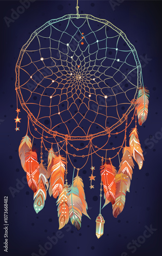 Hand drawn Native American Indian talisman dreamcatcher with feathers and moo...