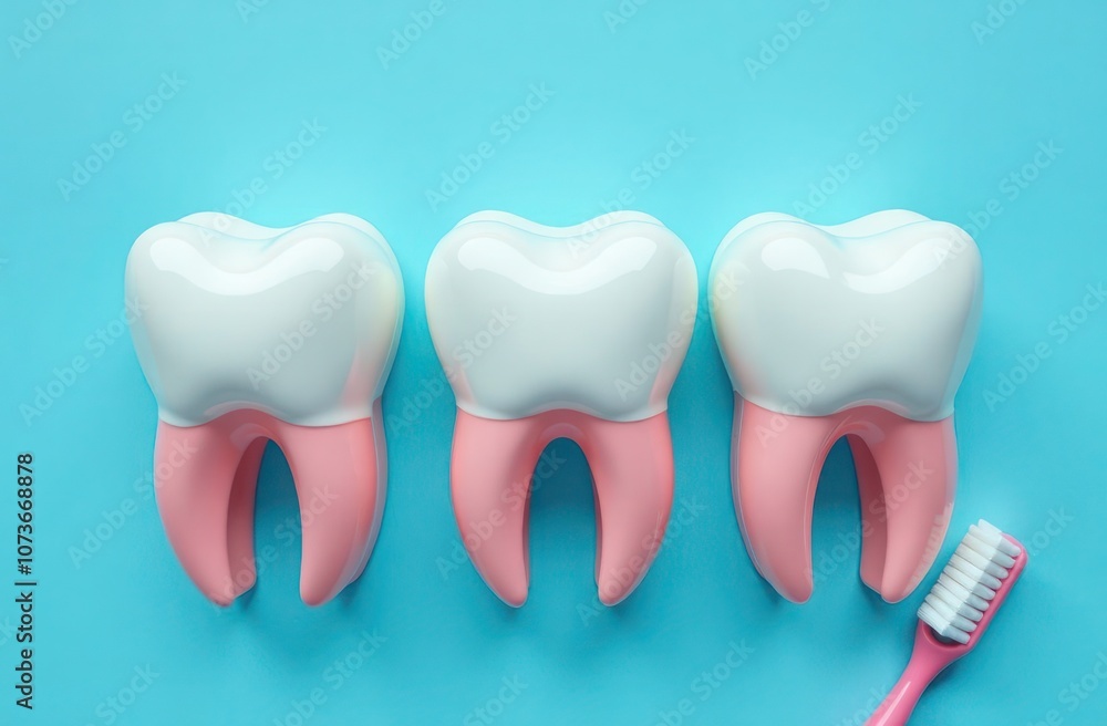 Three Realistic Tooth Models with Toothbrush on a Blue Background Three Realistic Tooth Models with Toothbrush on a Blue Background