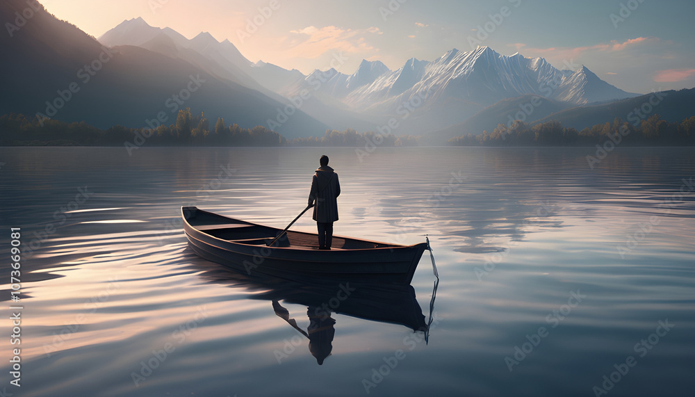 A man stands with his back turned on a boat floating in the middle of a lake. Detail of the smooth water and distant mountains. A man stands with his back turned on a boat floating in the middle of a lake. Detail of the smooth water and distant mountains.
