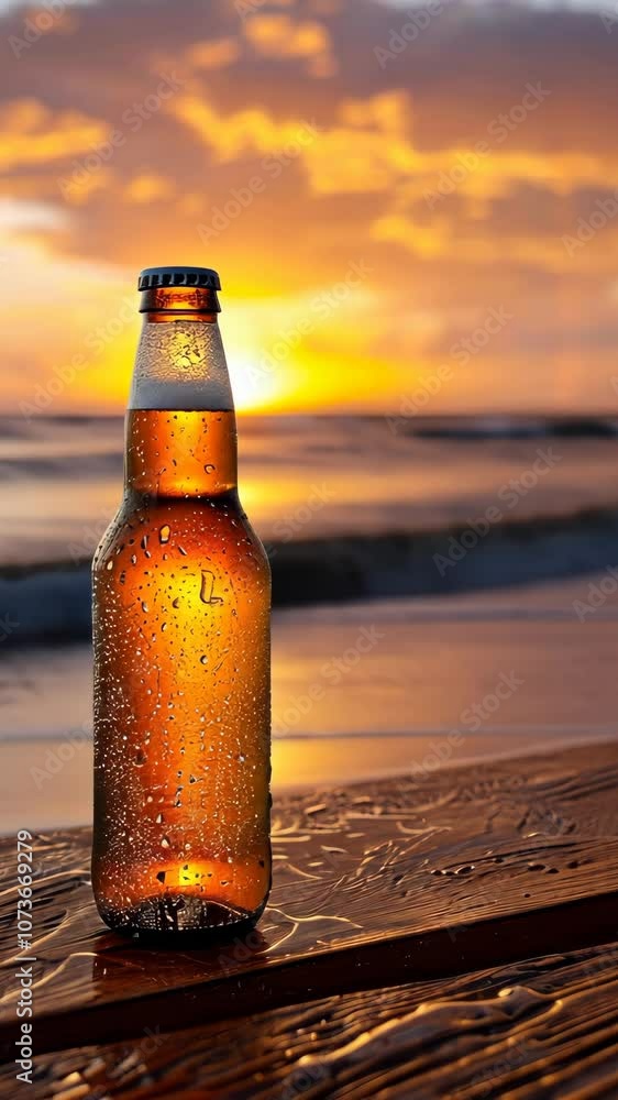 Chilled beer bottle on a wet wooden surface at sunset, refreshing beverage and relaxation concept Chilled beer bottle on a wet wooden surface at sunset, refreshing beverage and relaxation concept