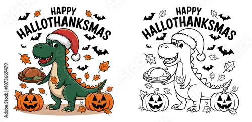 T-rex in christmas and halloween vector t-shirt design